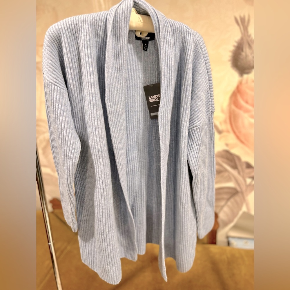 Shawl Cardigan Sweater,Lands' End. Grey, long-sleeved, ribbed texture, Medium